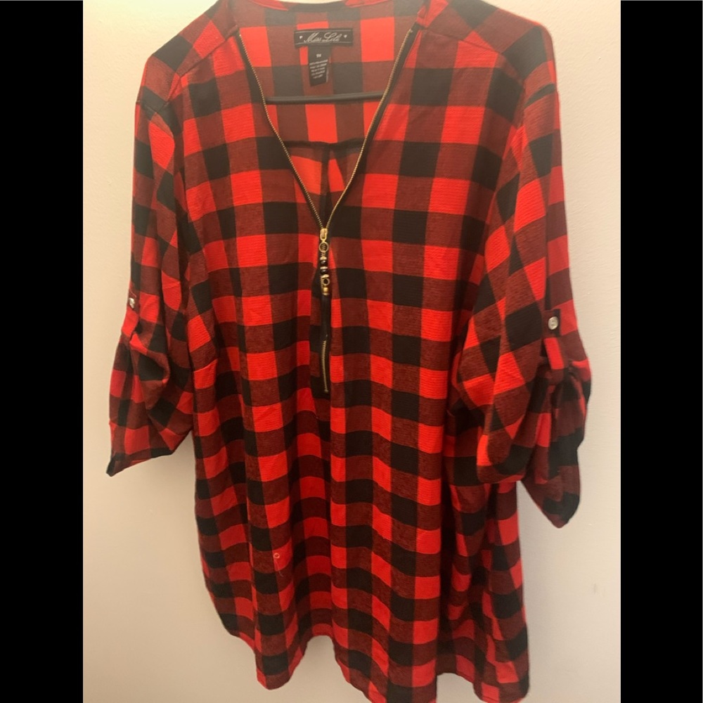 Miss Lili 3x black/red Buffalo plaid crepe shirt